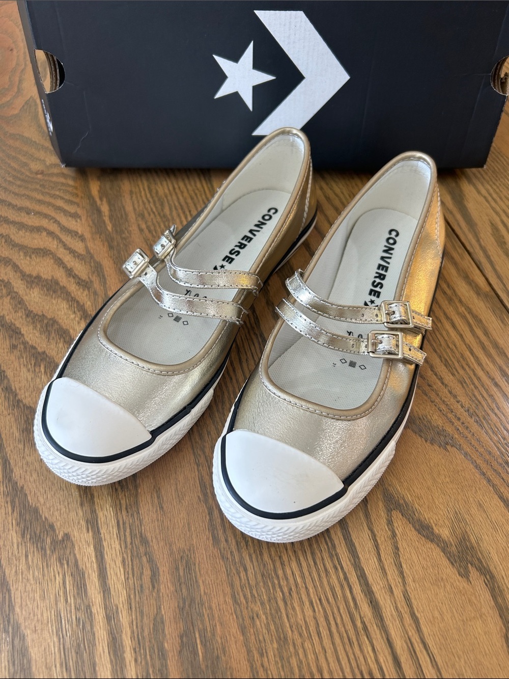 Converse Gold Metallic Dainty Mary Jane’s, NIB, see images for imperfections